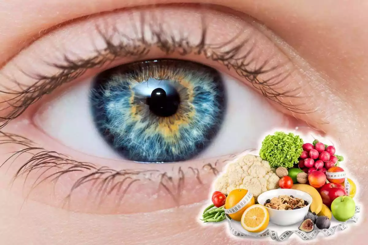 Montaje de un ojo azul y alimentos