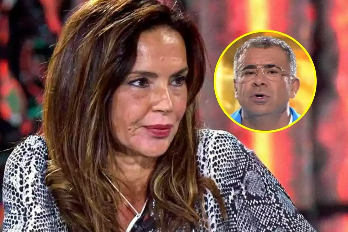 Montaje de Olga Moreno en un primer plano en el plató de Supervivientes con Jorge Javier Vázquez en un círculo amarillo