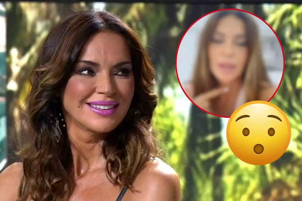 Olga Moreno con cabello castaño y labios pintados de rosa sonríe mientras mira hacia un lado, en la esquina superior derecha hay un círculo rojo con una imagen borrosa de otra mujer y un emoji de cara sorprendida.