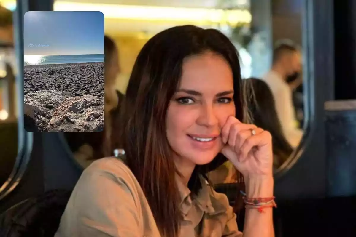 Montaje de Olga Moreno sonriendo con la mano en la cara y una storie de Instagram en la playa