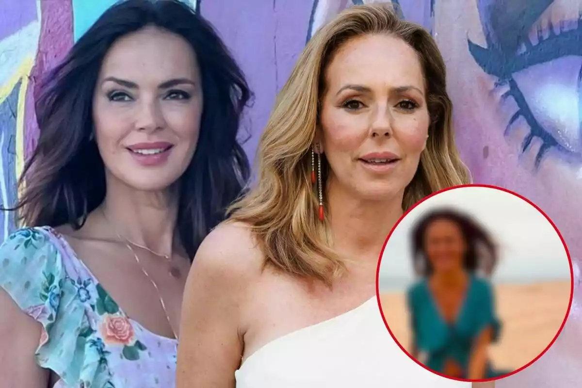 Olga Moreno y Rocío Carrasco posan frente a un mural colorido, una de ellas lleva un vestido floral y la otra un top blanco, en la esquina inferior derecha hay una imagen borrosa de una persona en la playa.