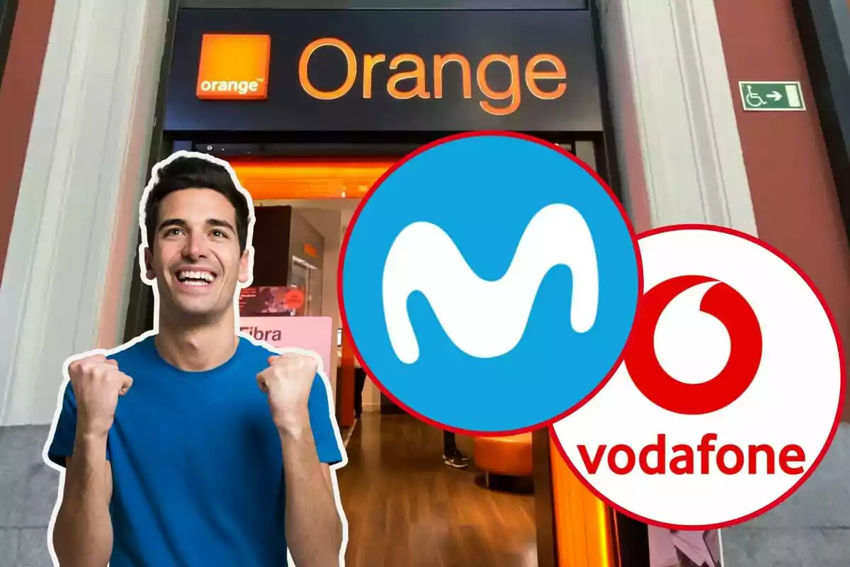 Un hombre sonriente con camiseta azul frente a una tienda de Orange, con los logotipos de Movistar y Vodafone superpuestos.