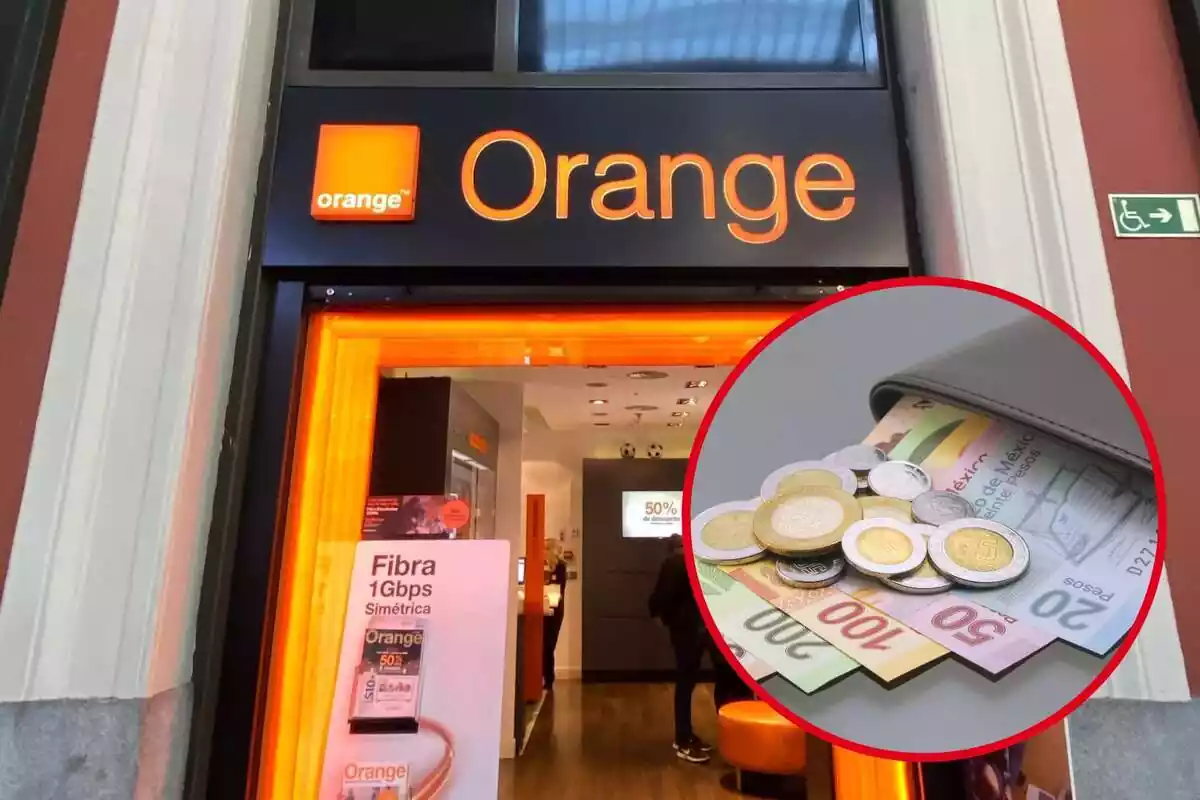 Una tienda de Orange y en el círculo, una cartera con dinero
