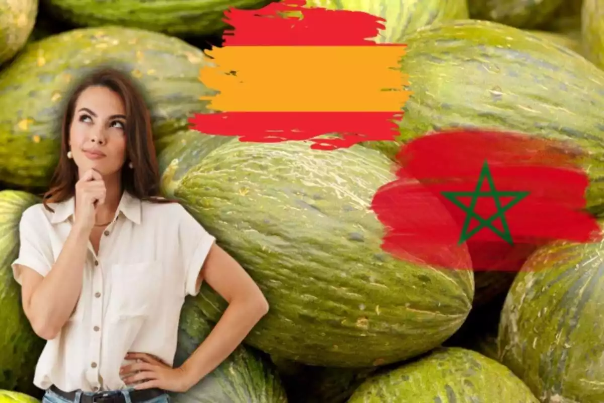 Varios melones apilados, una mujer con gesto pensativo y las banderas de España y Marruecos