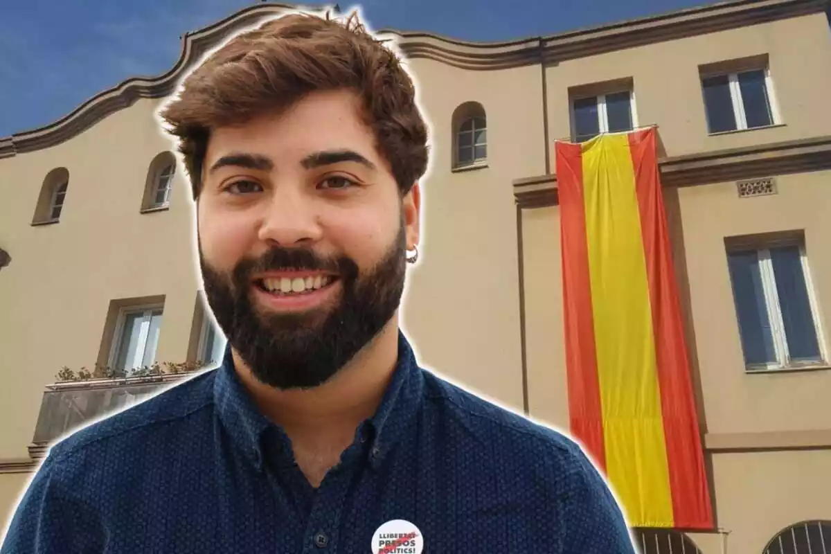 Montaje del alcalde de Montblanc (Oriol Pallisso) con el ayuntamiento de Vilanova del Camí con una bandera de España