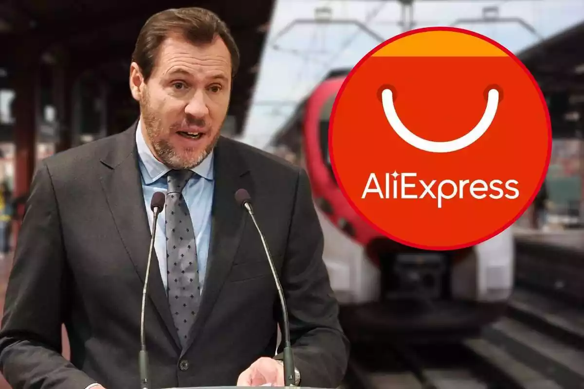 Montaje del ministro de Transportes, Óscar Puente en una estacion de tren y el logo de Aliexpress