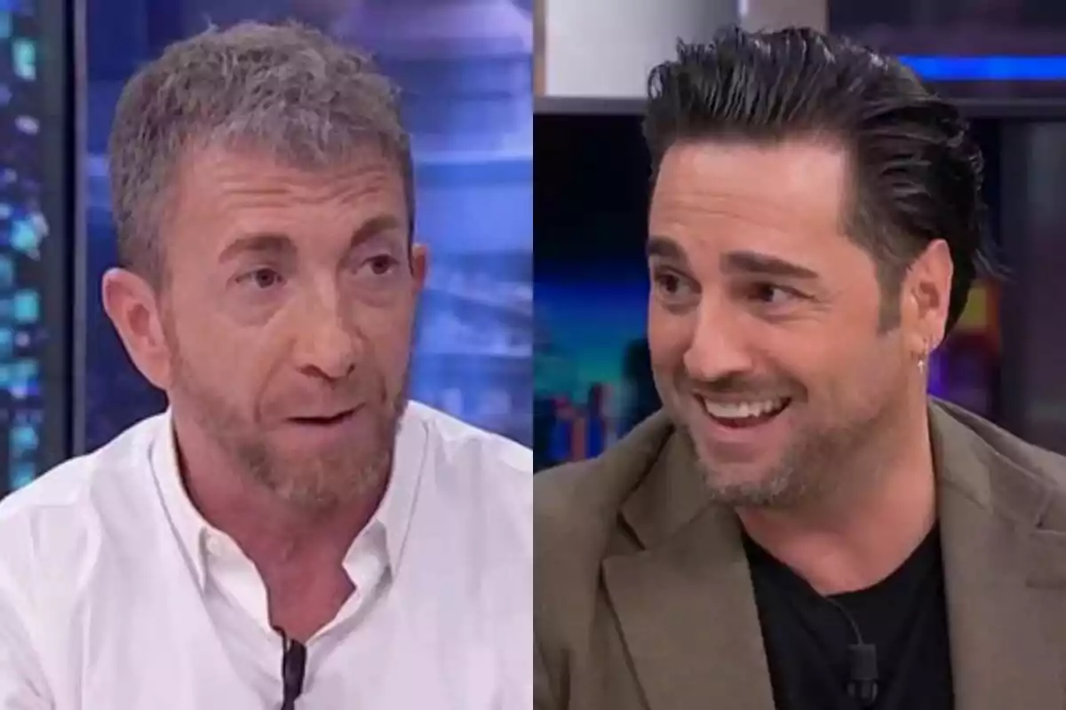 Pablo Motos con expresión seria a la izquierda con David Bustamante con una media sonrisa a la derecha, ambos en El Hormiguero.