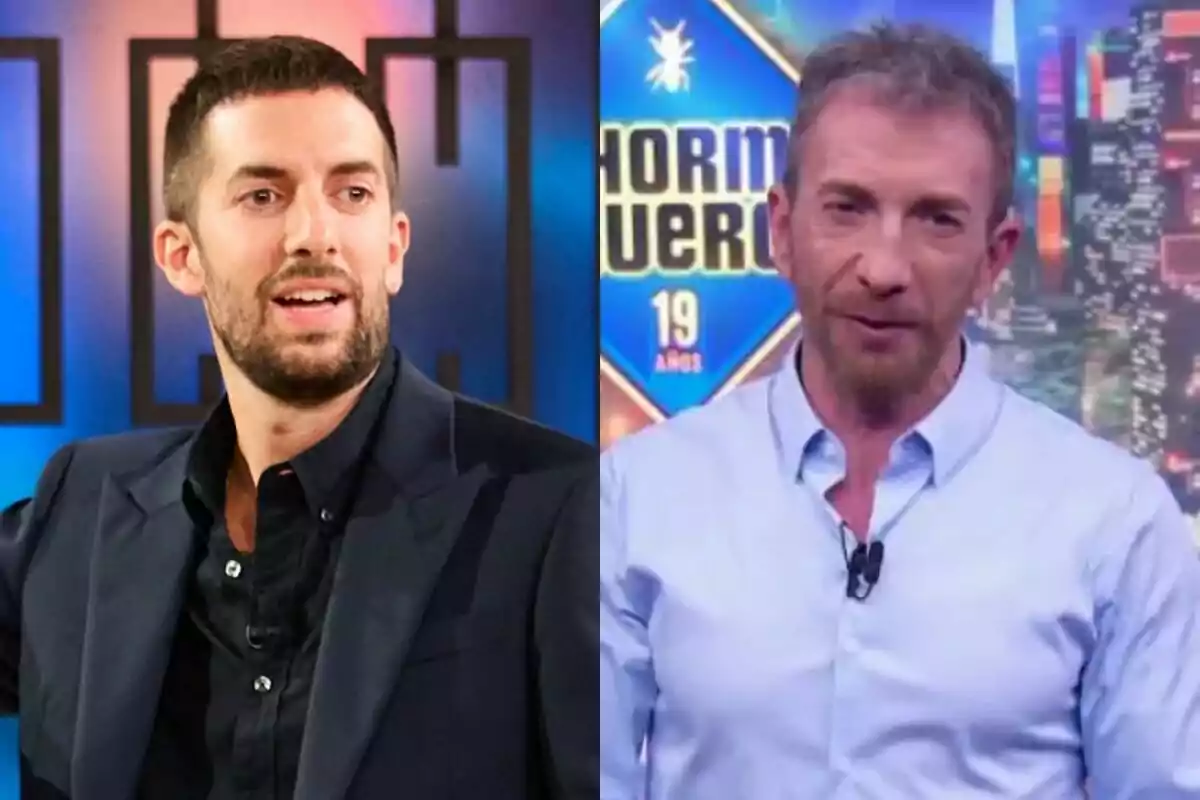 Montaje de David Broncano sonriente en La Revuelta a la izquierda con Pablo Motos serio en El Hormiguero a la derecha