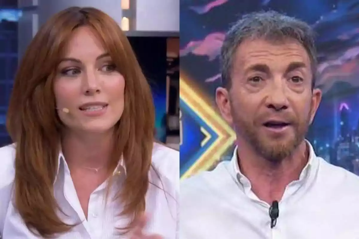 Edurne con cara seria a la izquierda con Pablo Motos sorprendido a la derecha, ambos en El Hormiguero.