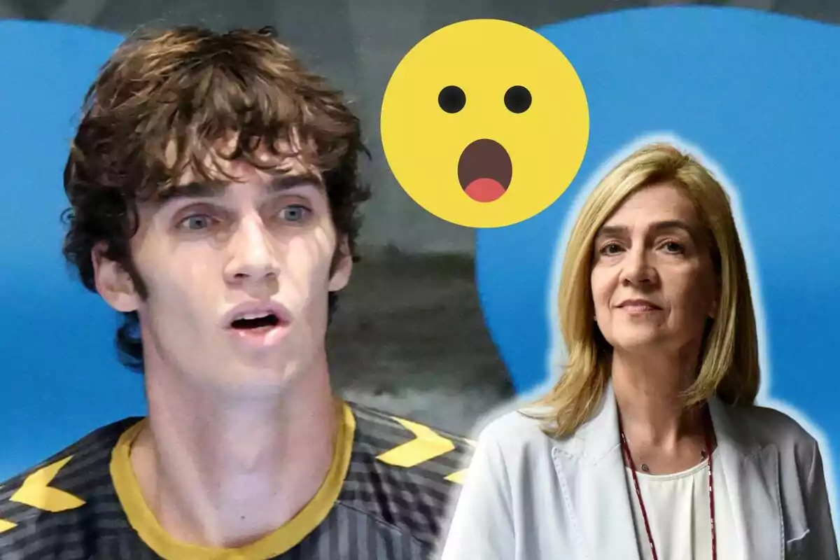 Pablo Urdangarin con expresión de sorpresa junto a la infanta Cristina y un emoji sorprendido sobre un fondo azul.