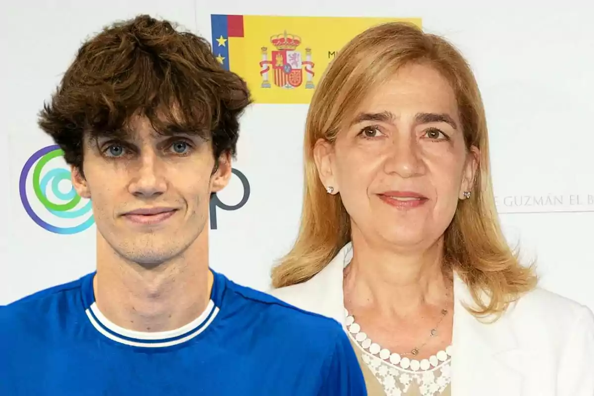 Pablo Urdangarin y la infanta Cristina posan frente a un fondo con banderas y logotipos.