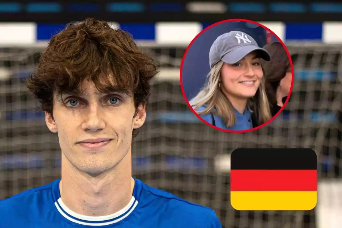 Montaje con un primer plano de Pablo Urdangarin sonriendo, Johanna Zott con una gorra y la bandera de Alemania