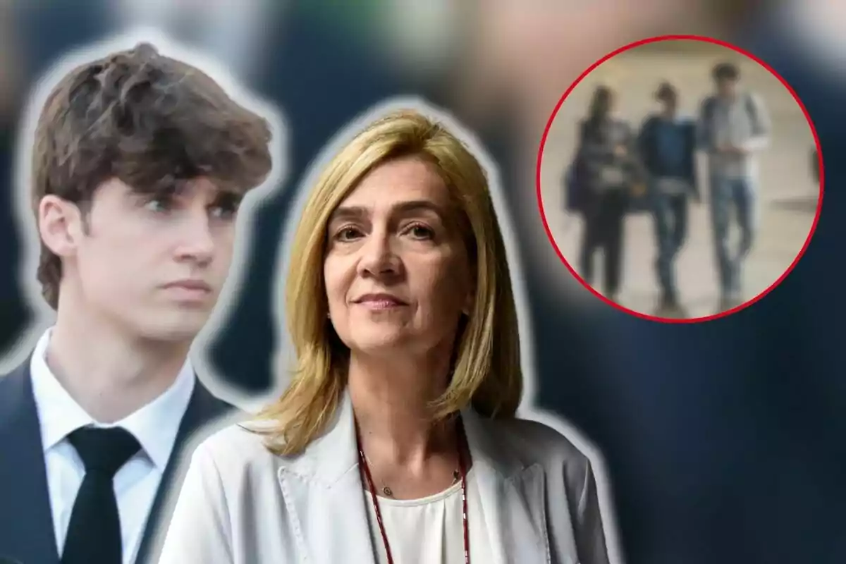 La infanta Cristina rubia y Pablo Urdangarin con traje aparecen en primer plano con una imagen borrosa de tres personas caminando en un círculo rojo en el fondo.