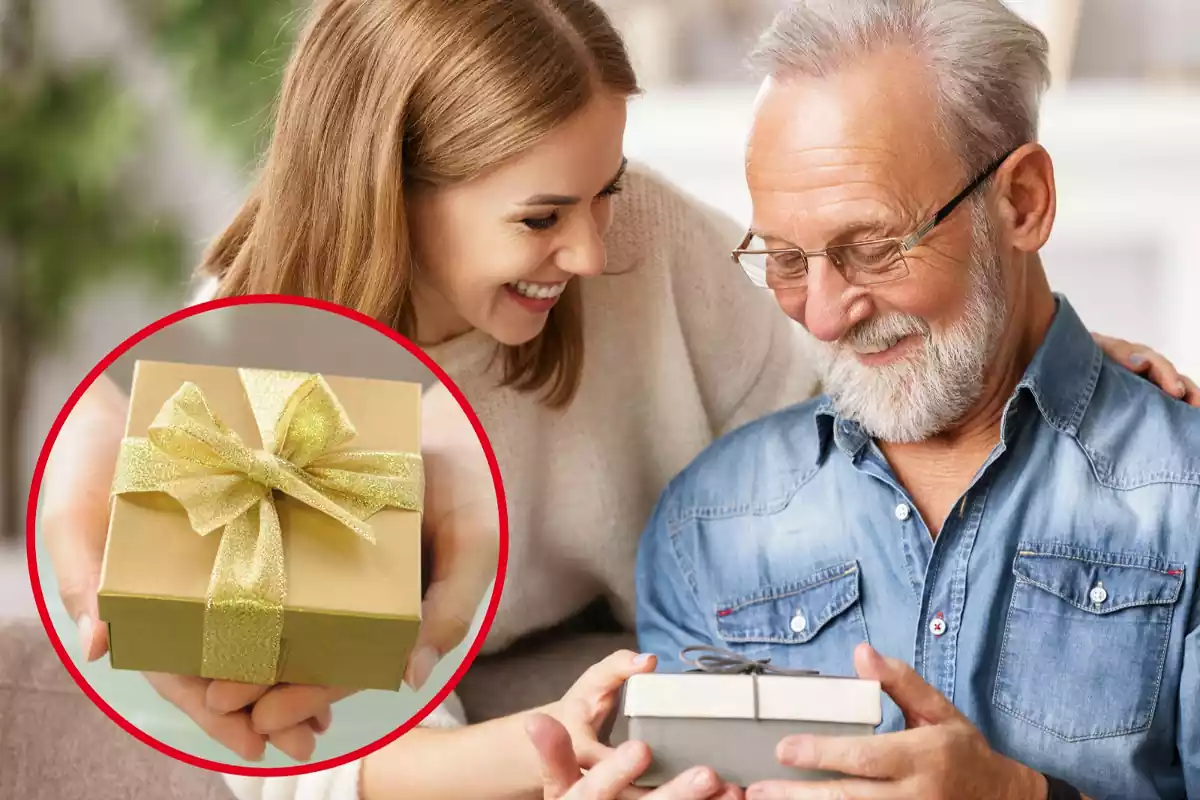 Montaje con una hija entregando un regalo a su padre y un círculo con una caja de regalo con un lazo dorado y brillante