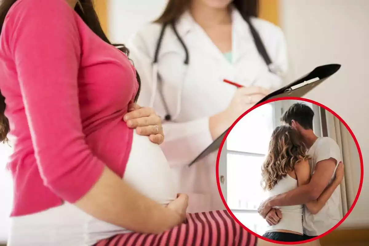 Mujer embarazada en consulta médica con una doctora tomando notas y una imagen insertada de una pareja abrazándose.