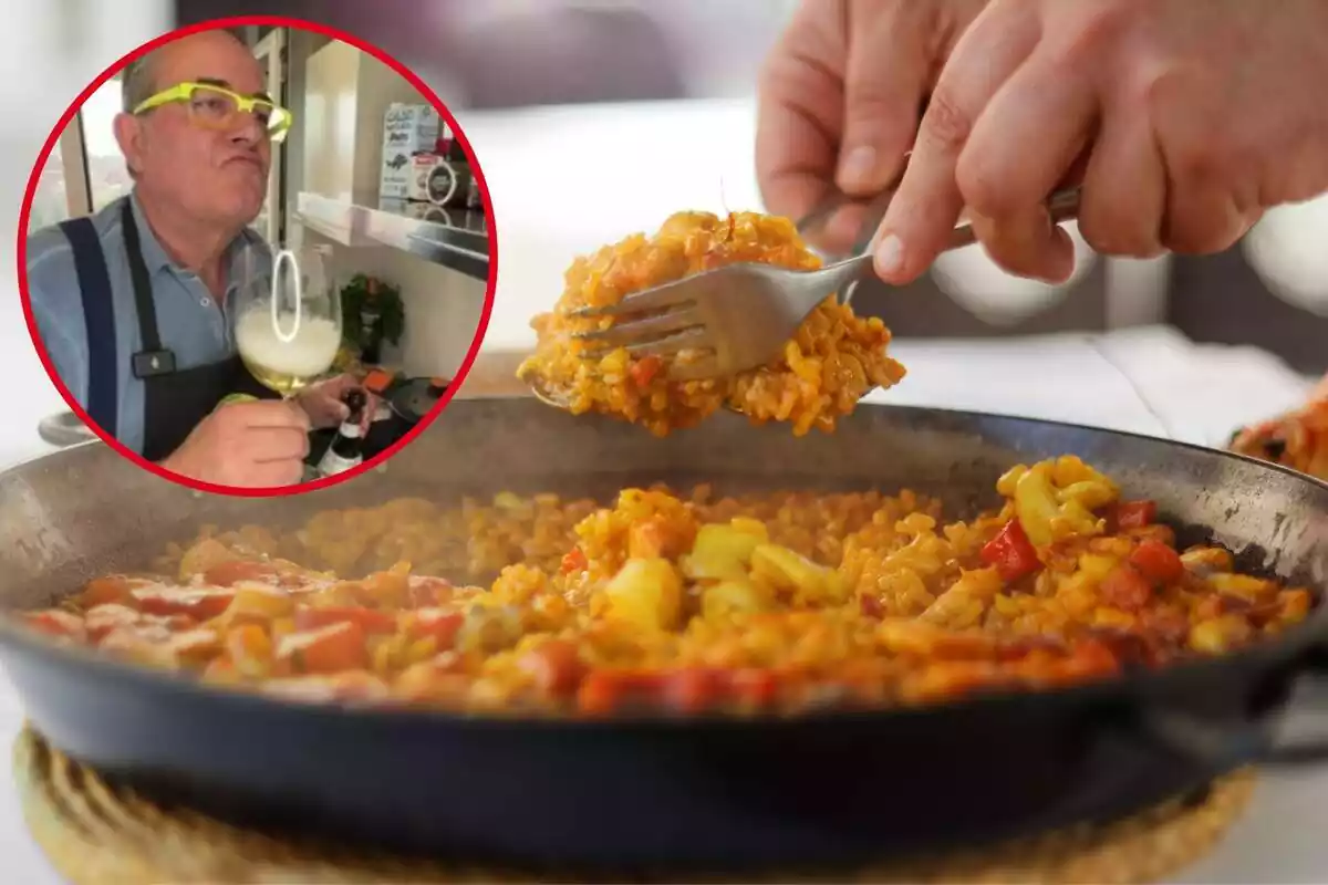 Montaje de manos cogiendo porción de arroz de una paella sobre una mesa y círculo con Ramon Portet sujetando una copa de vino