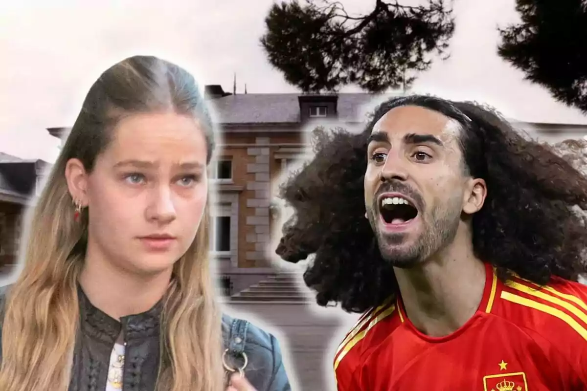 Irene Urdangarin con expresión seria junto a Marc Cucurella con la camiseta de la selección española, con el palacio de la Zarzuela de fondo.