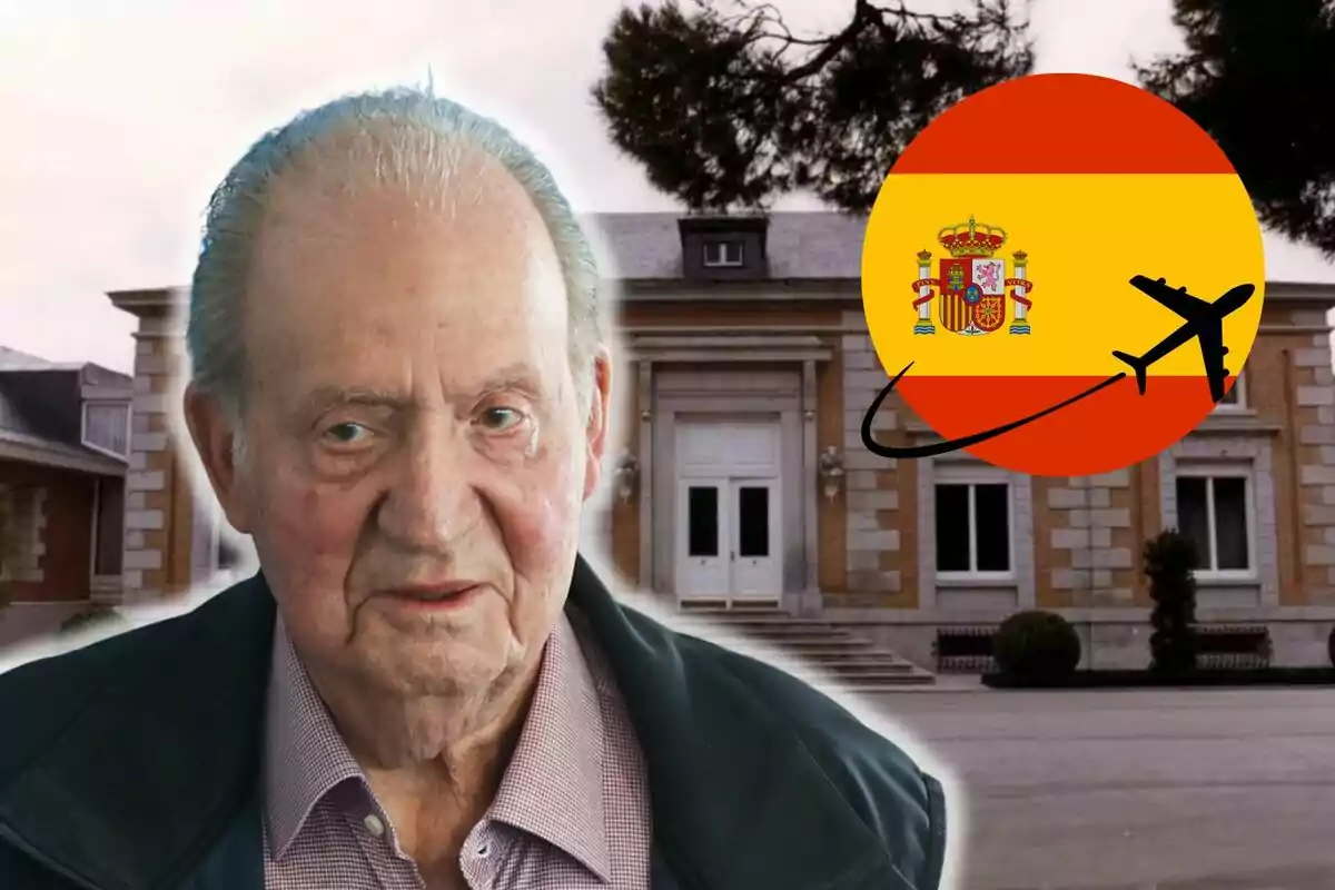 Juan Carlos I frente al palacio de la Zarzuela con la bandera de España y un avión en el fondo.