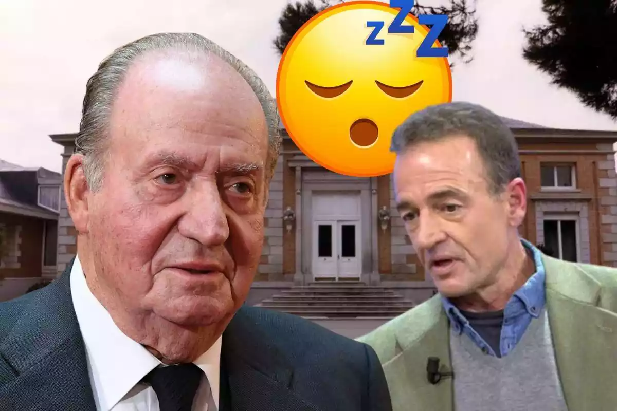 Montaje del palacio de la Zarzuela, Juan Carlos I sonriendo en traje negro, Alessandro Lequio hablando con traje verde y jersey gris y un emoji durmiendo