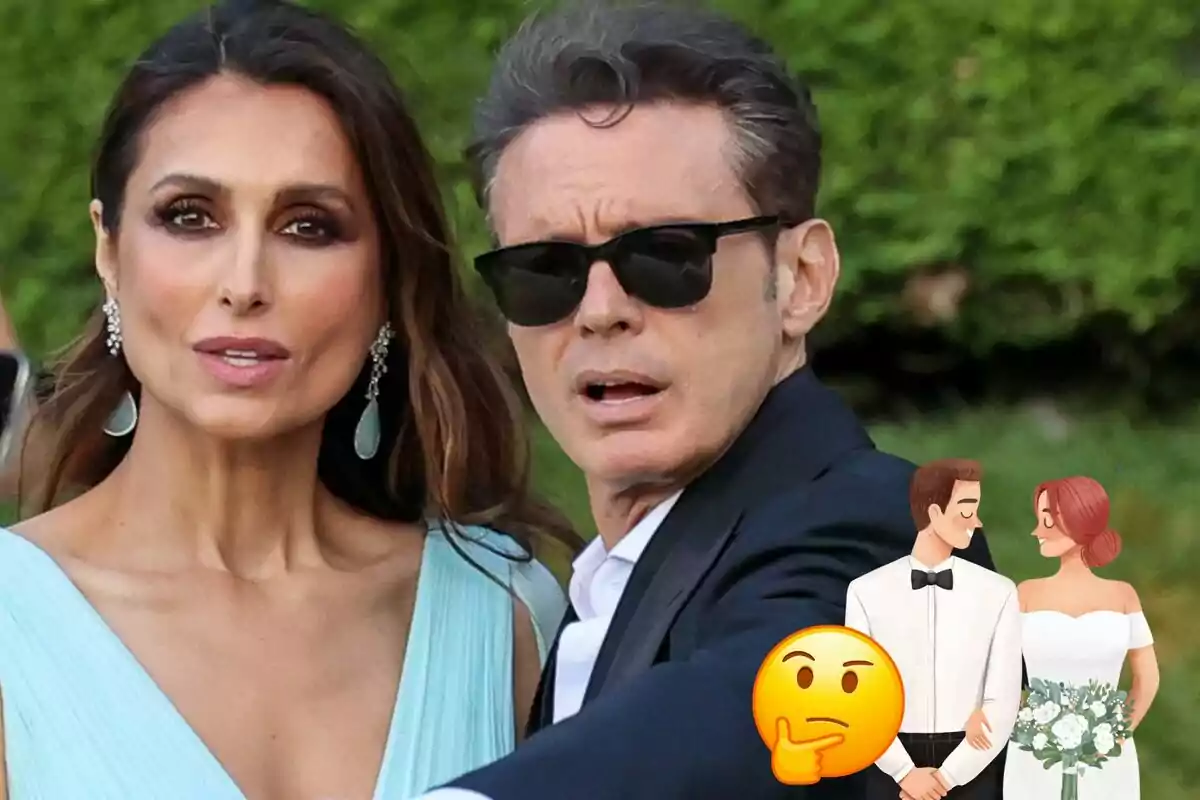 Paloma Cuevas y Luis Miguel elegante con un emoji de duda y una ilustración de una pareja de novios.