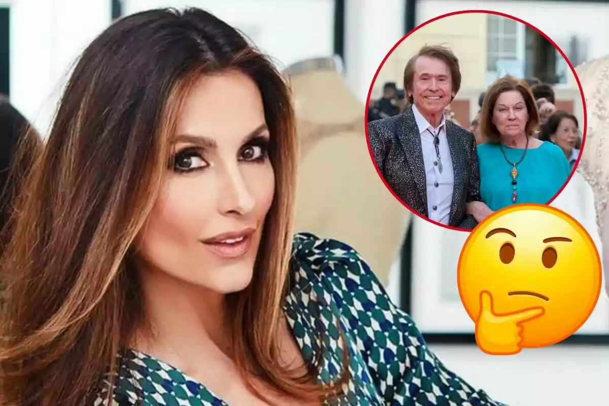 Paloma cuevas con cabello largo y suelto, con una imagen insertada en un círculo rojo que muestra a Raphael y Natalia Figueroa y un emoji de cara pensativa.