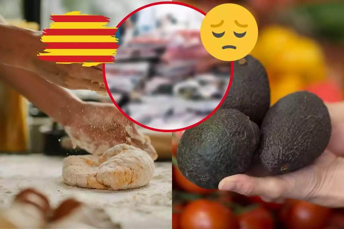 Montaje de una persona amasando pan, aguacates, pescaderia pixelada, un emoji triste y una bandera de Cataluña
