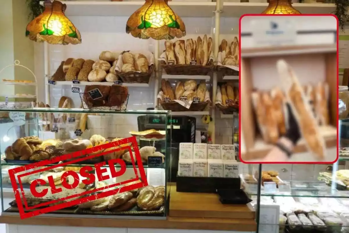 Montaje de la panadería Ginebra des del interior, una imagen de una barra de pan de Baguette desenfocado y la palabra 'Closed'