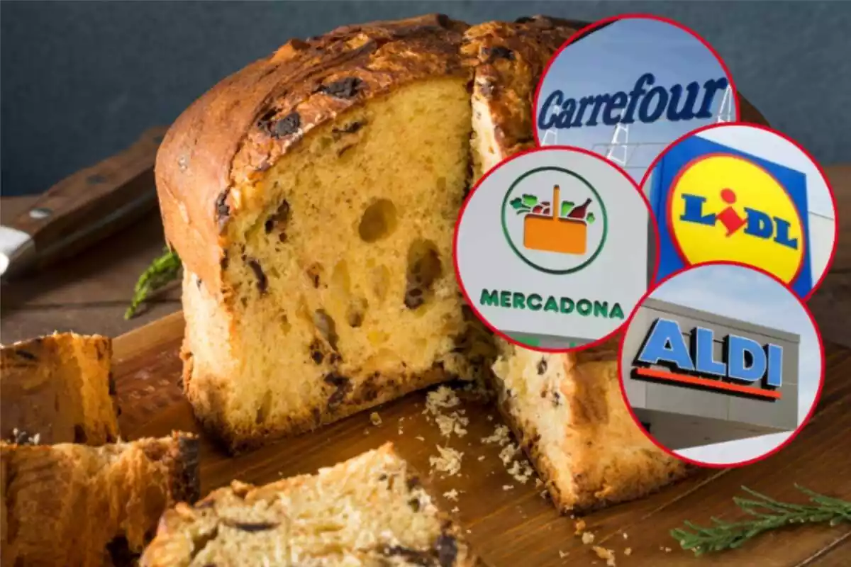 Montaje con un pannetone cortado y cuatro círculos con los letreros de Carrefour, Aldi, Mercadona y Lidl