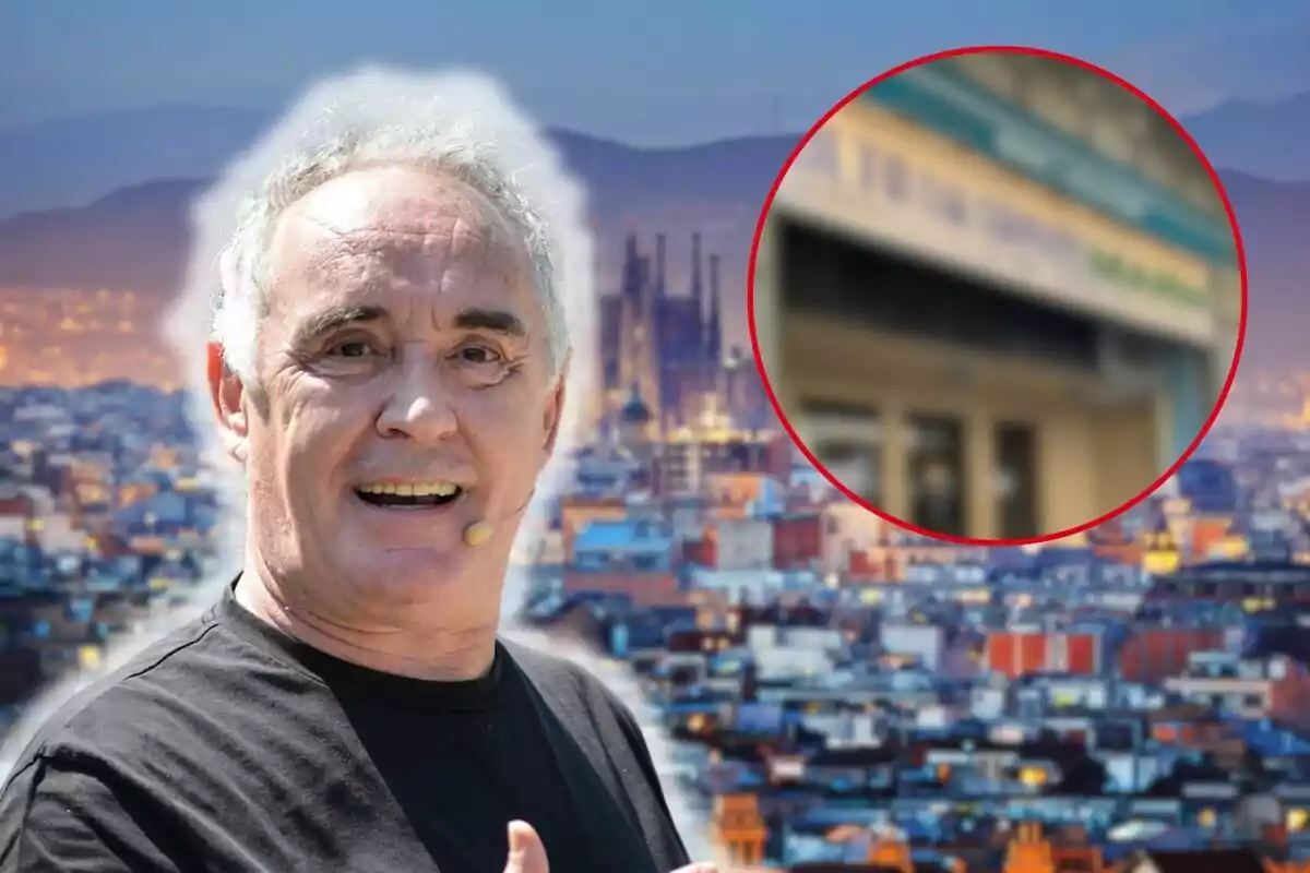 Ferran Adrià con micrófono en la oreja sonríe frente a un fondo urbano con un círculo que destaca un edificio borroso.