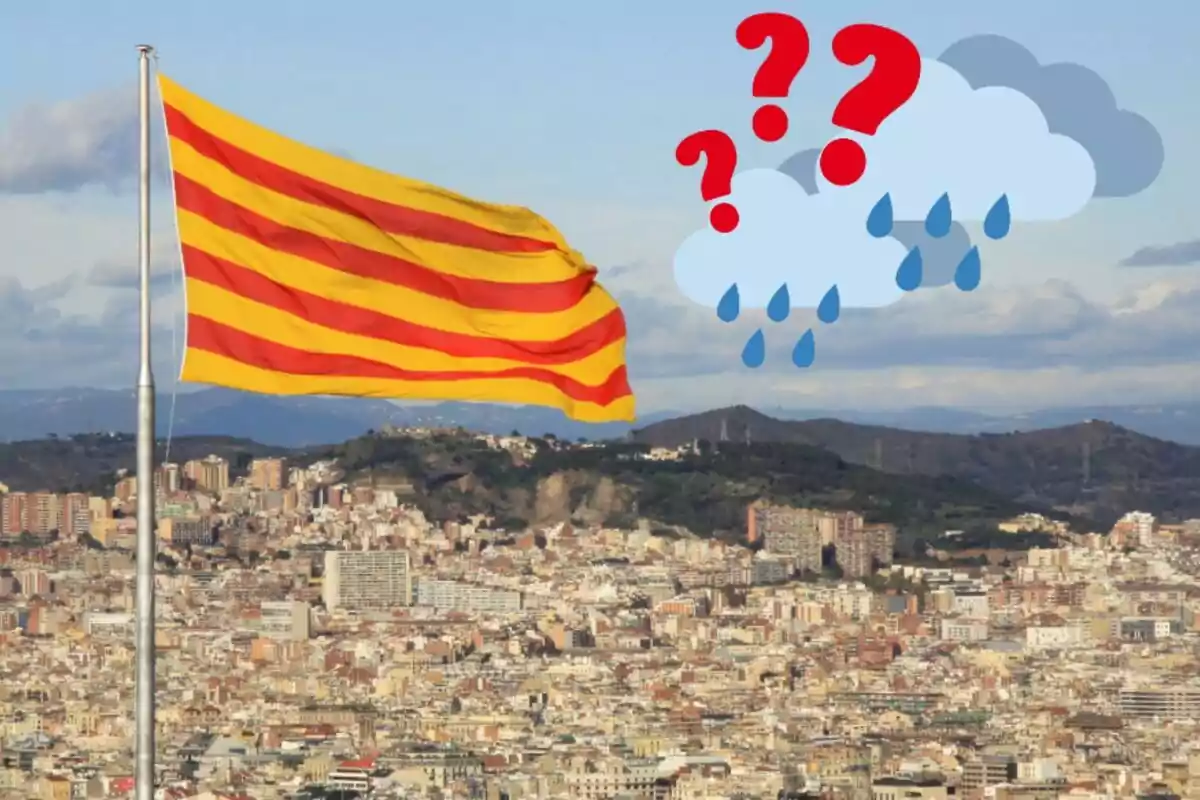 Una bandera amarilla con franjas rojas ondea sobre una ciudad con colinas al fondo, mientras en el cielo hay nubes con gotas de lluvia y signos de interrogación rojos.