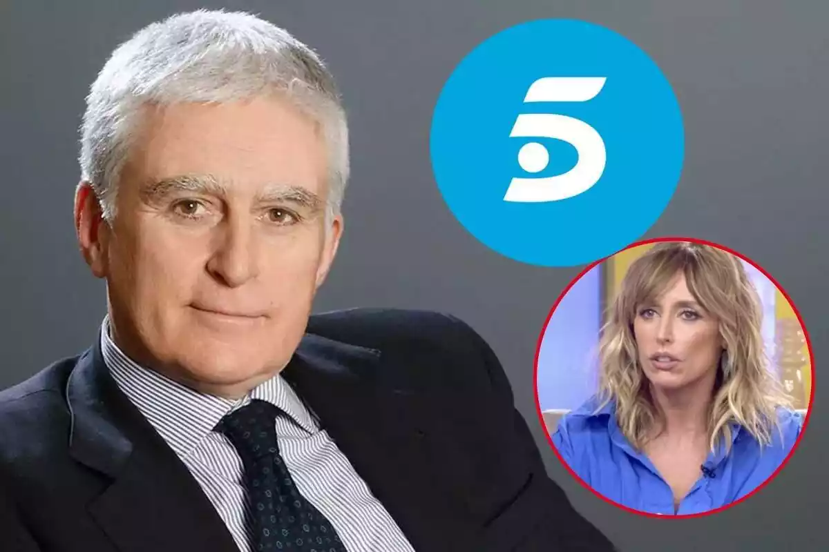 Montaje de Paolo Vasile en traje y camisa a rallas, Emma García seria y el logo de Telecinco