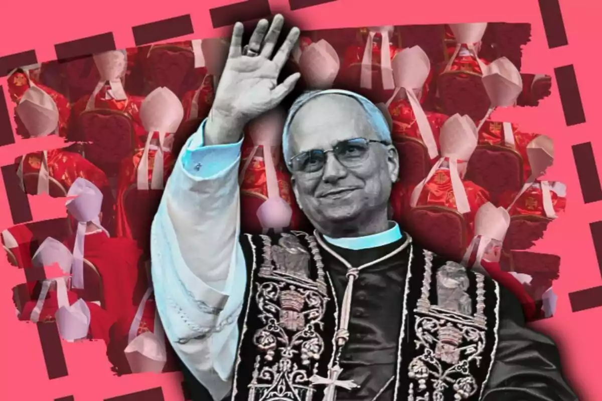 El Papa León XIV vestido con vestimenta religiosa levanta la mano en señal de saludo, con un fondo de figuras religiosas en tonos rojos y un diseño gráfico en rosa.