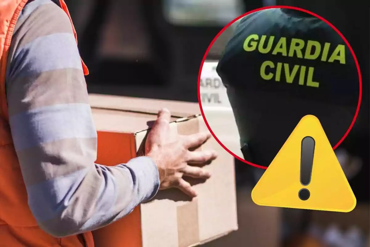 Persona sosteniendo una caja con un emblema de advertencia y un recuadro que muestra un uniforme de la Guardia Civil.