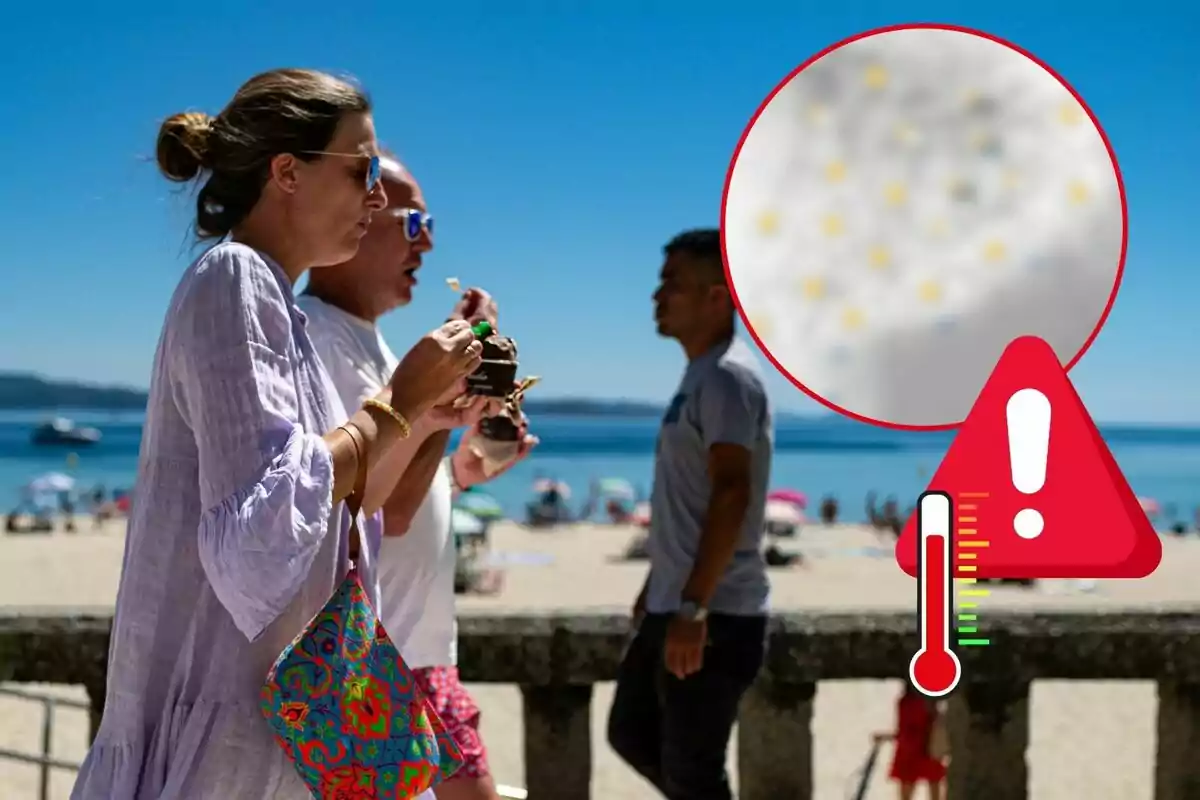 Personas disfrutando de helado en la playa con un gráfico de advertencia sobre el calor.