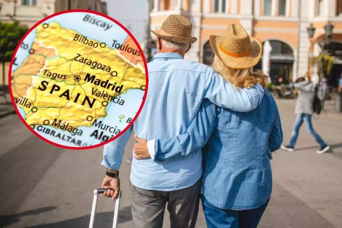 Montaje con una pareja de jubilados con una maleta en la mano y un círculo con el mapa de España