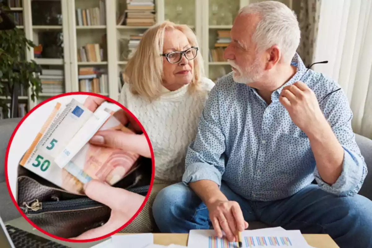 Montaje con una pareja de jubilados mirándose con cara seria y un círculo con una cartera con varios billetes de euro