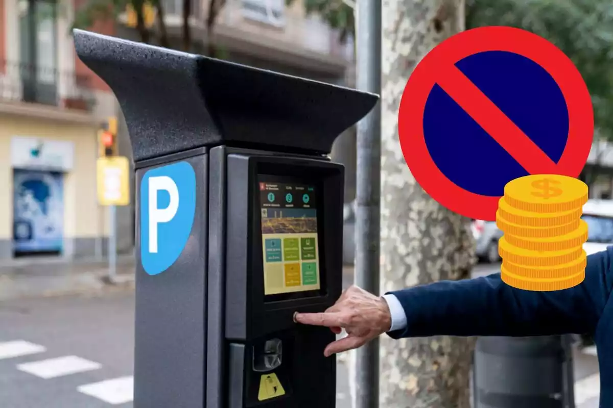 Montaje de un parkimetro con un dedo dando a un botón, la señal de prohibido aparcar y monedas