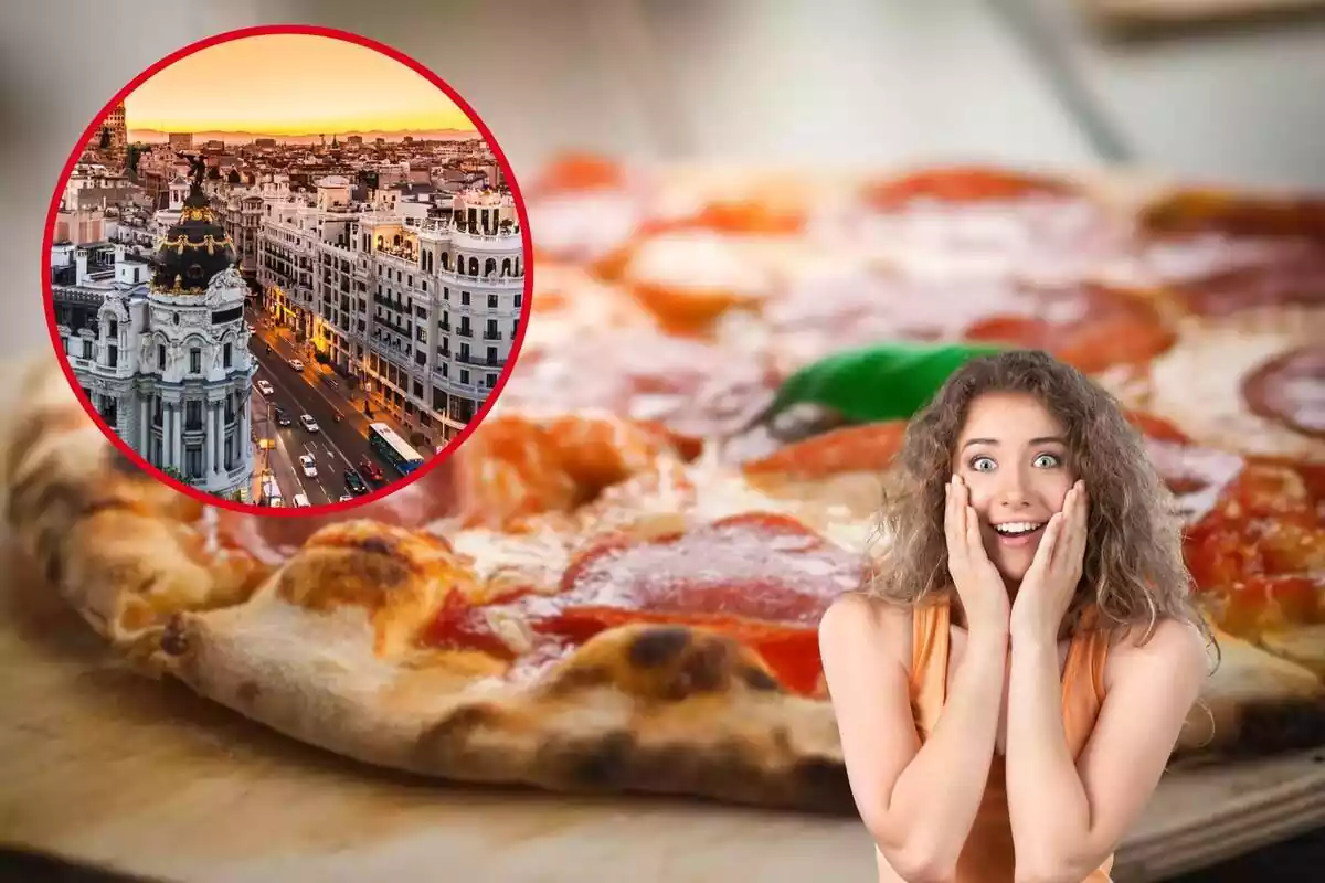 Montaje de pizza mujer con las manos en la cara sorprendida por pizza de fondo y círculo con vista aérea de Madrid