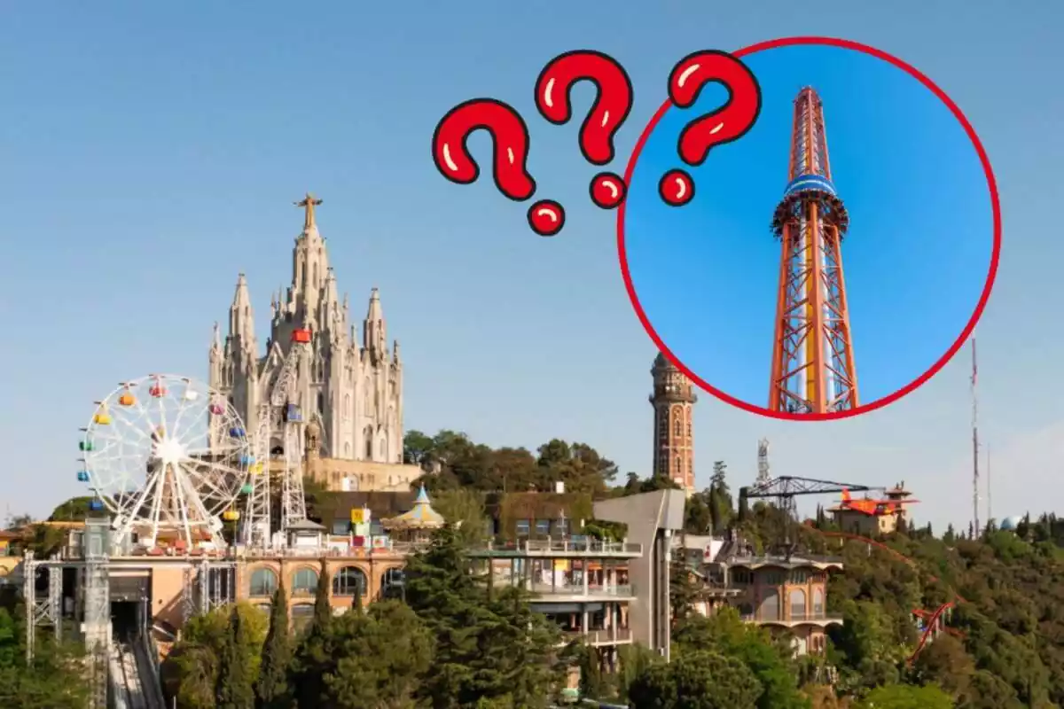 Montaje del parque de atracciones del Tibidabo, una atracción de caída libre y unos interrogantes rojos