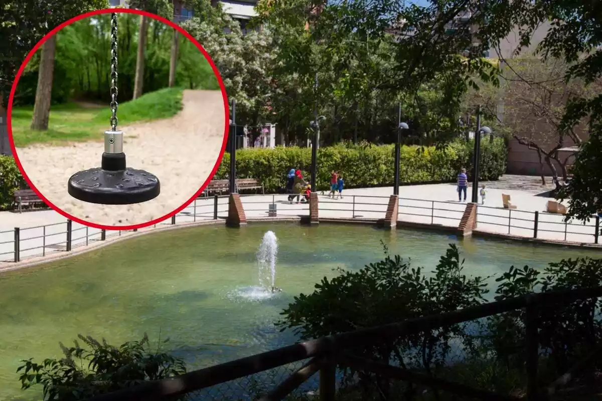 Montaje de imagen del Parque de la Pegaso del barrio de la Sagrera de Barcelona y círculo con tirolina para niños