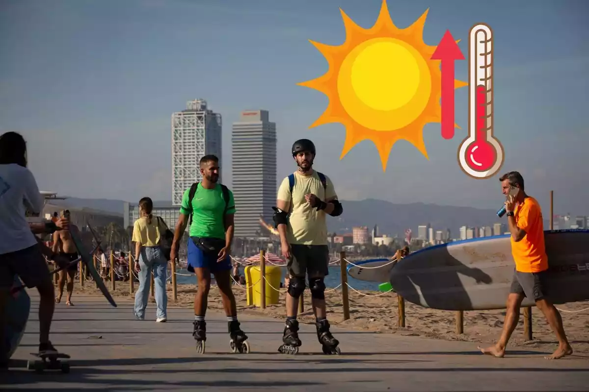 Montaje de un paseo de Barcelona con personas paseando, un termómetro con una flecha hacia arriba y un sol