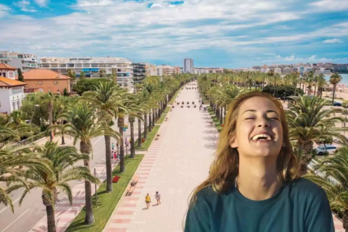 Montaje del paseo de Saou desde una vista aérea y una chica riendo con los ojos cerrados