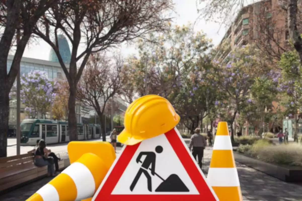 Montaje de proyecto de paseo verde en la Gran Vía de Barcelona y signo de obras con conos y casco de obrero.