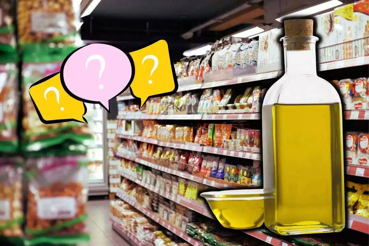 Montaje de un pasillo de un supermercado con la imagen de una botella de aceite de oliva y varios símbolos de interrogación