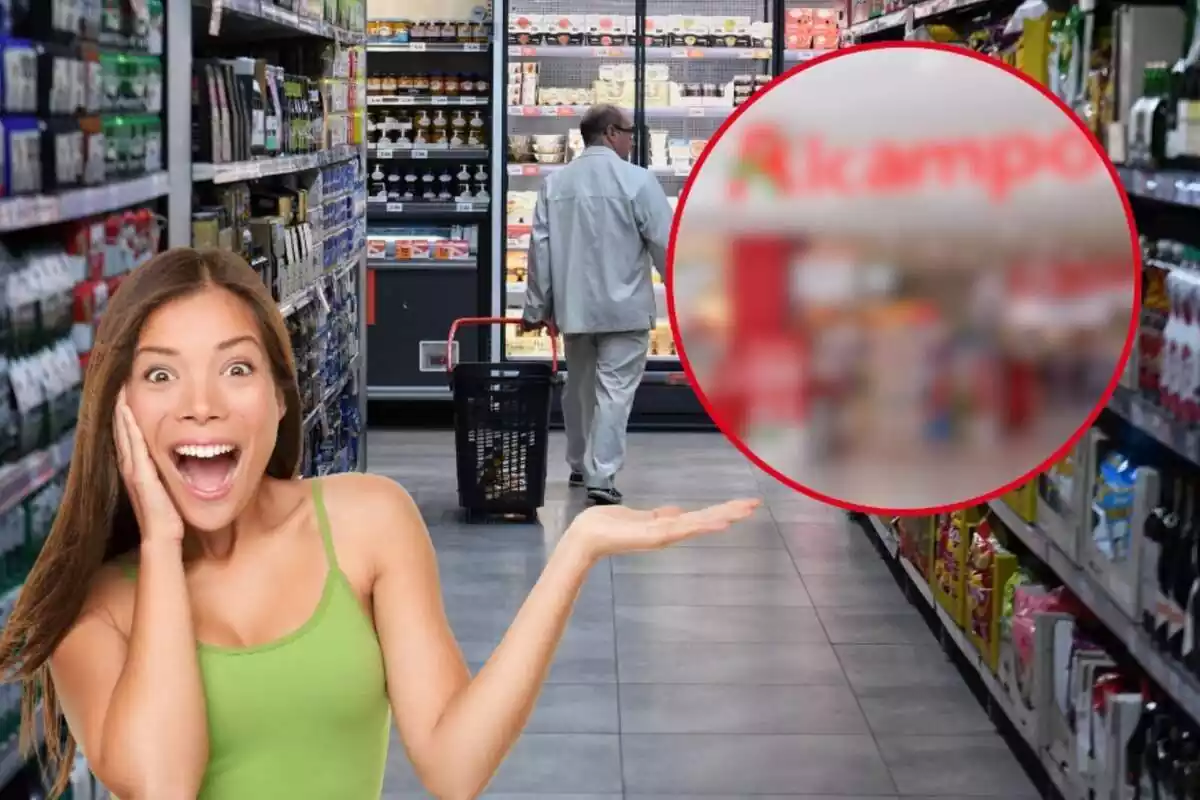 Montaje de un pasillo de un supermercado con un hombre con un carro, un Alcampo desenfocado y una chica sorprendida con tirantes verdes