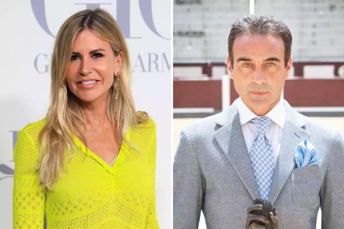 Montaje de Patricia Cerezo sonriendo en un vestido amarillo y Enrique Ponce serio en traje gris y corbata azul Montaje de Patricia Cerezo sonriendo en un vestido amarillo y Enrique Ponce serio en traje gris y corbata azul