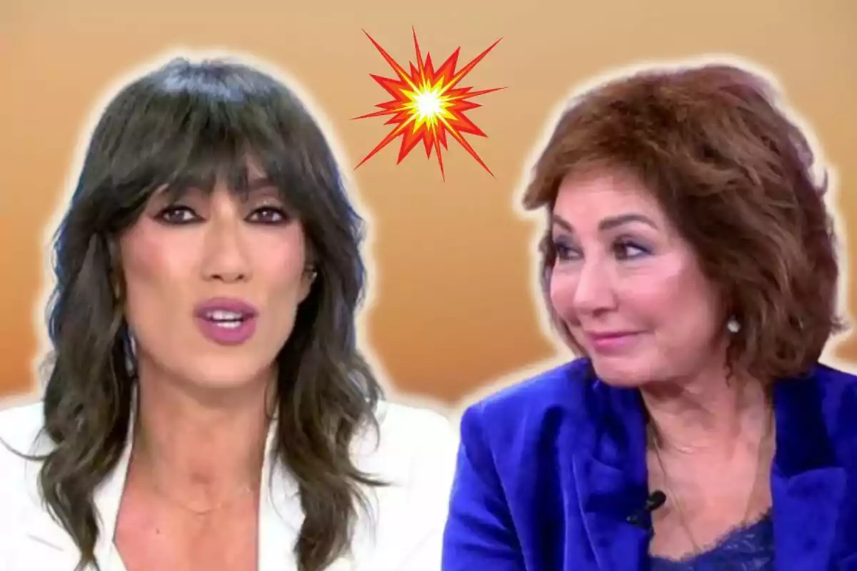 Patricia Pardo y Ana Rosa Quintana en un programa de televisión con un fondo naranja y un gráfico de explosión entre ellas.