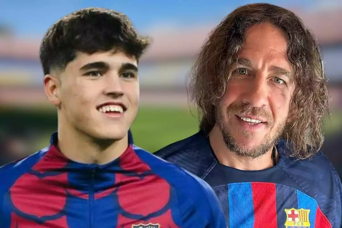 Dos personas con camisetas del FC Barcelona sonríen frente a un fondo desenfocado. Dos personas con camisetas del FC Barcelona sonríen frente a un fondo desenfocado.