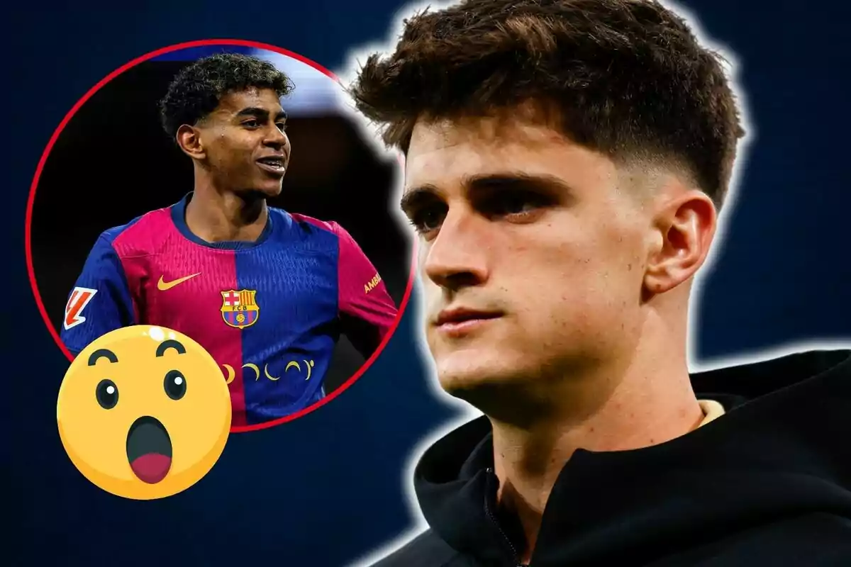 Un jugador de fútbol con la camiseta del Barcelona en un círculo y otro jugador en primer plano con una expresión seria, junto a un emoji sorprendido.