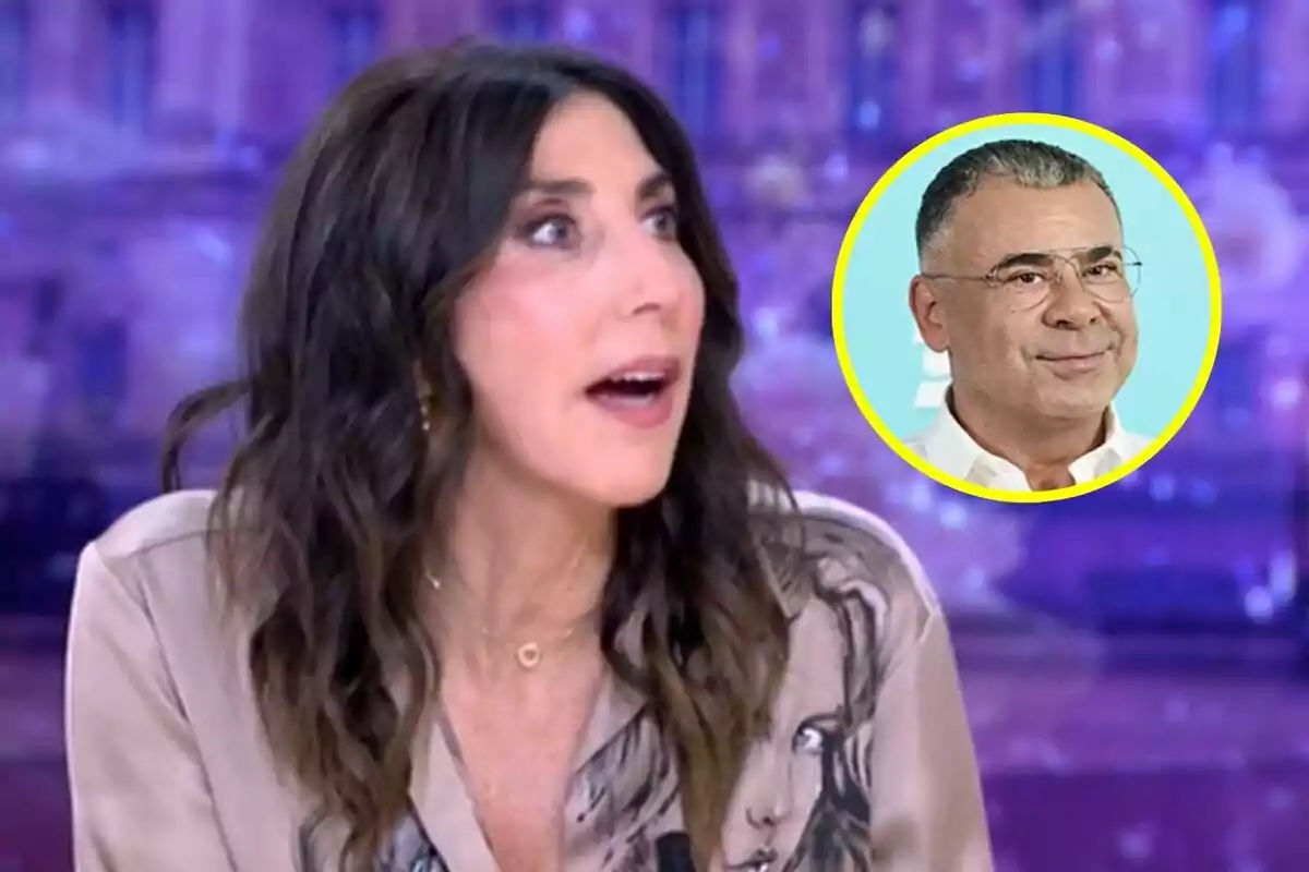 Montaje de Paz Padilla con cabello oscuro y expresión sorprendida en TardeAR aparece en primer plano, mientras que en la esquina superior derecha hay un recuadro amarillo con la imagen de Jorge Javier Vázquez con gafas y cabello corto en la rueda de prensa de El Diario de Jorge